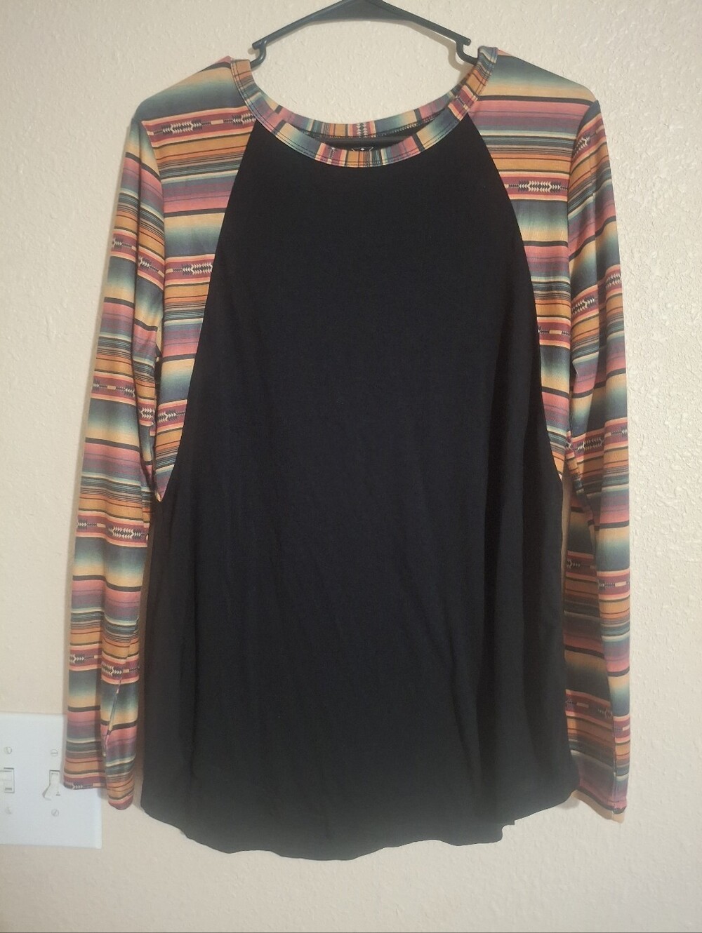 Crazy Train Black Raglan Top with Southwestern Stripe Sleeves